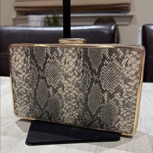 Vintage Stylish Snake Print Hard Shell Clutch with Gold Accents